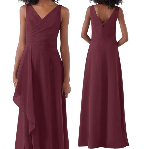 Azazie Empire Waist Gown Draped Front Mesh Overlay Maxi V Neck Burgundy Womens 8 - Picture 1 of 10